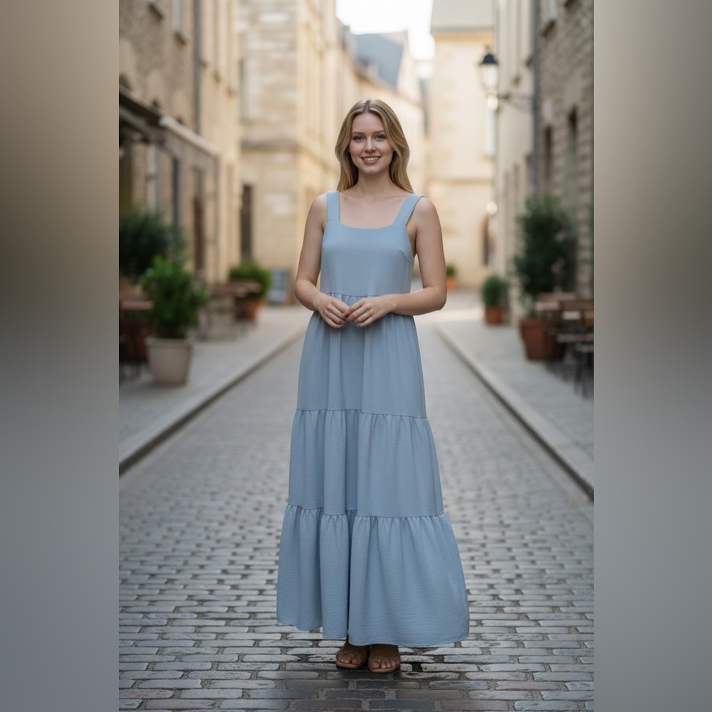Black Bow Blue Tiered Adjustable Strap Maxi Dress